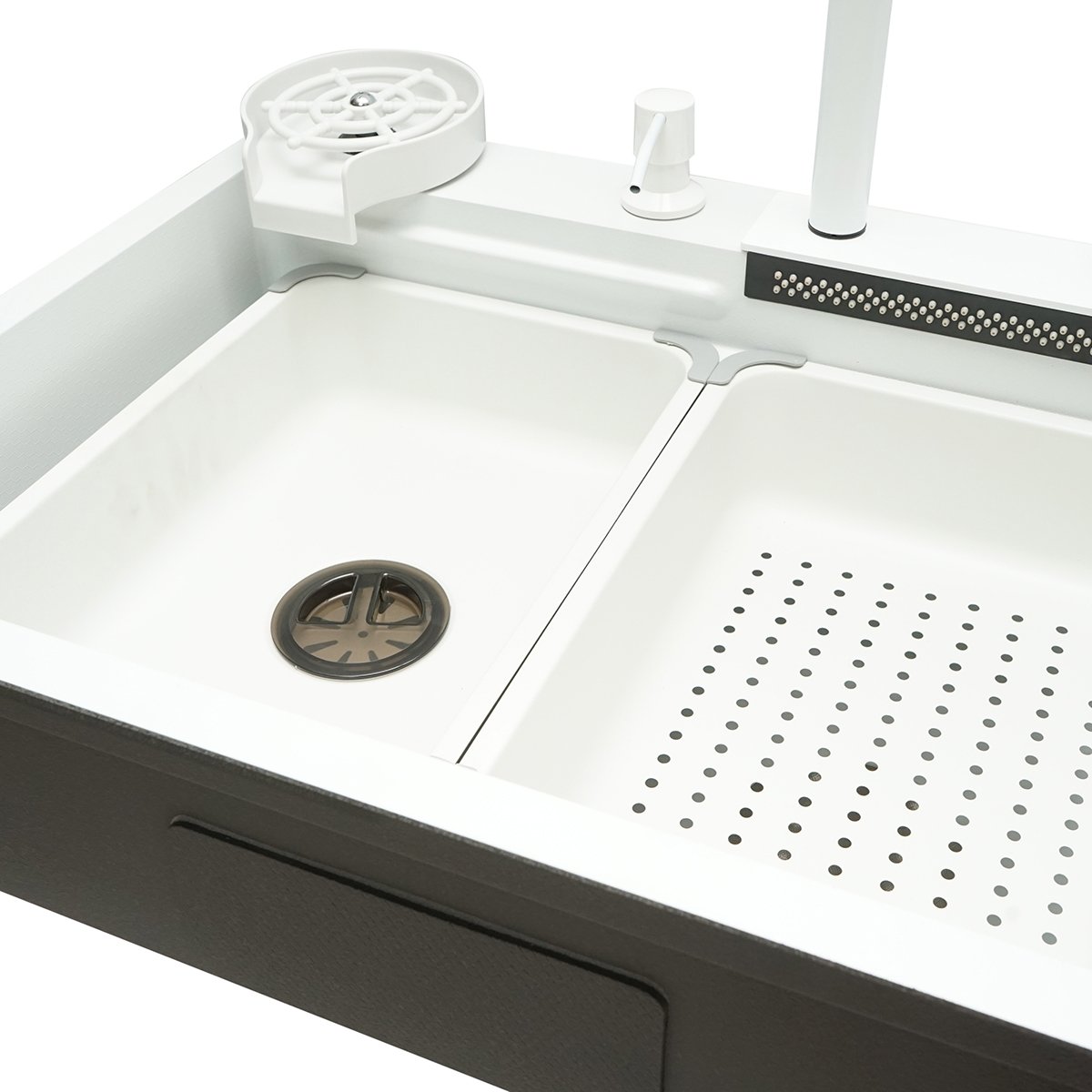 Chiuveta bucatarie otel inoxidabil cu doua baterii, functie cascada, spalator pahare, dozator sapun, scurgator, tava, tocator si accesorii scurgere incluse, dimensiune 60x45x22cm